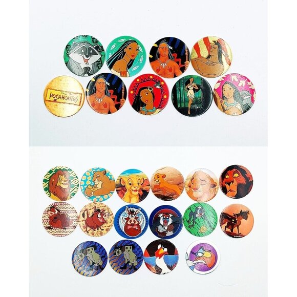 Lot 25 Vintage 90's Pogs Lion King Pocahontas Milk Caps - Picture 1 of 5